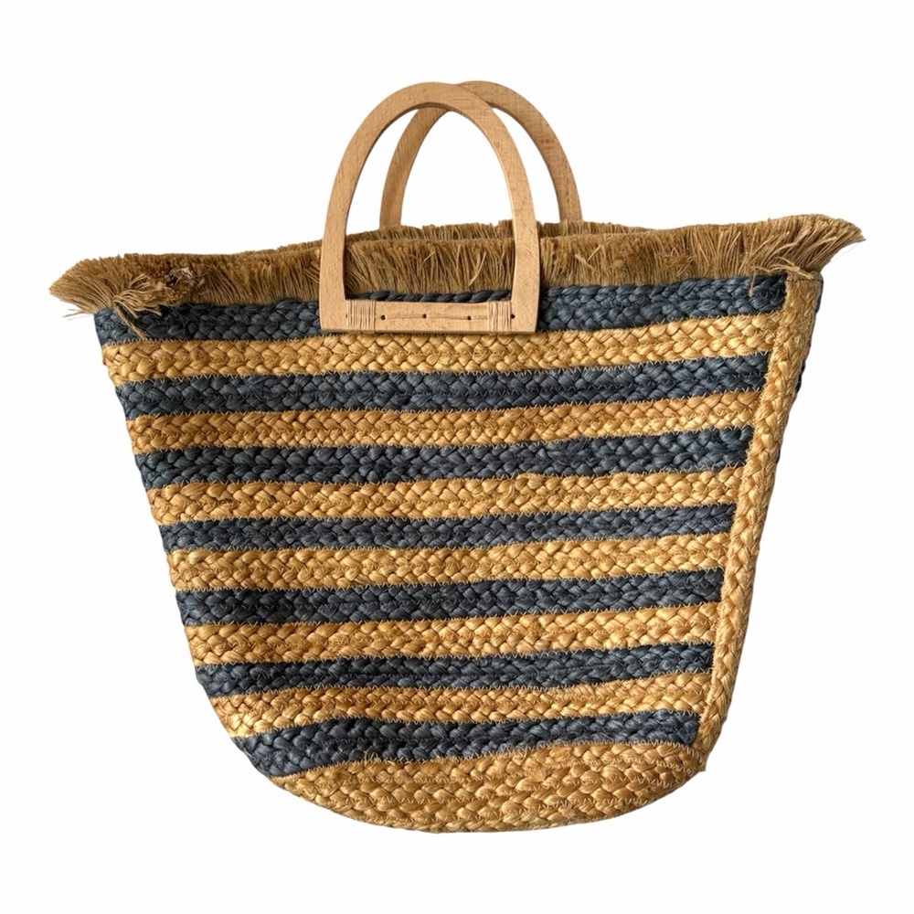 Antik Kraft Navy Stripe Jute Wooden Handle Tote Bag